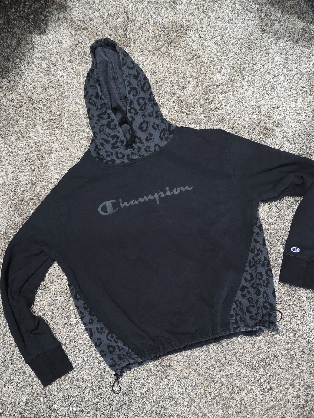 Champion Black Hoodie with Charcoal Leopard Accents